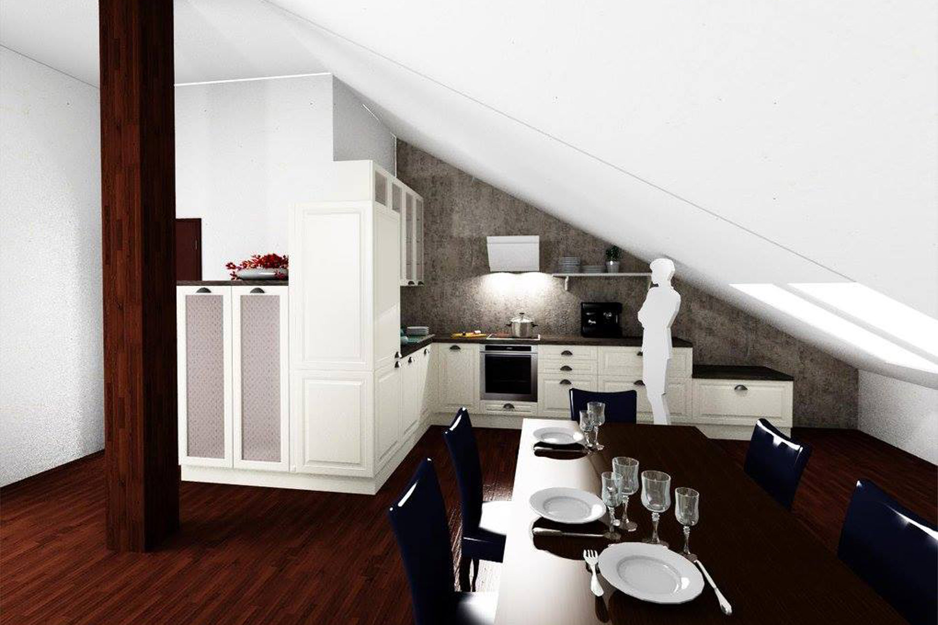Návrh rustikální kuchyně Bílý lak Podkroví Hanák nábytek